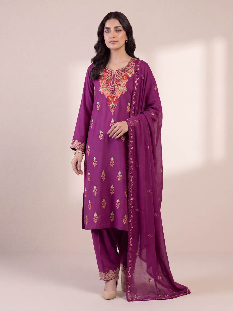 Kashmiri Botti Tilla 3 Piece Unstitched Suites | Pink